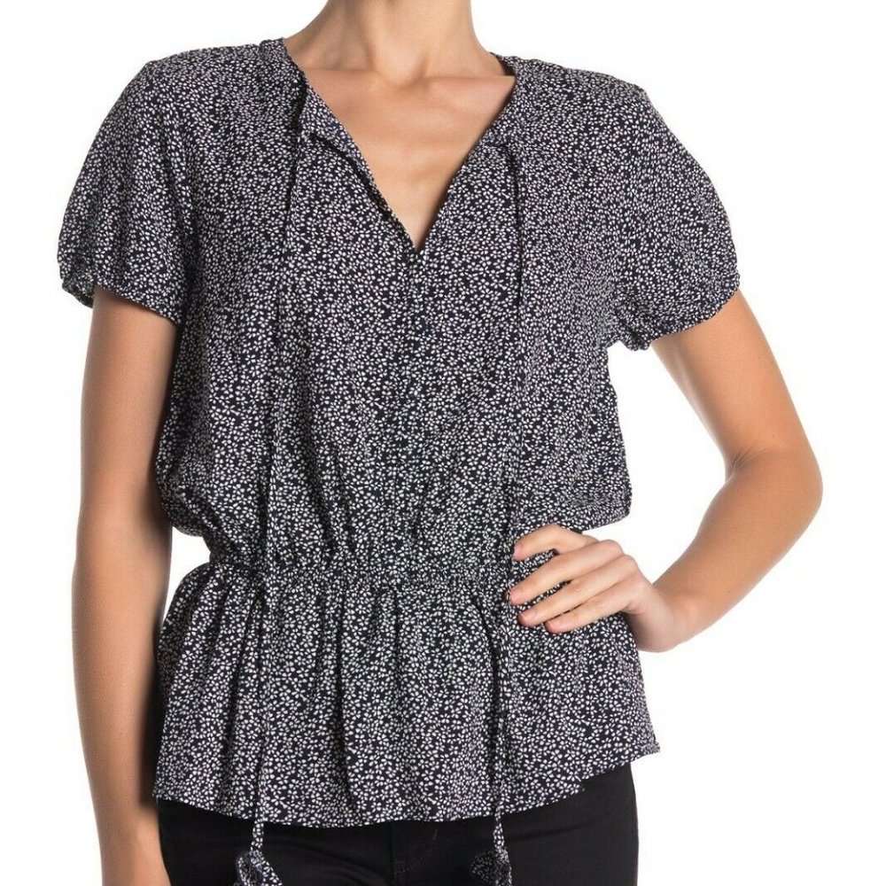 New &.Layered Blouse XS Keyhole Puff Sleeve Peplum